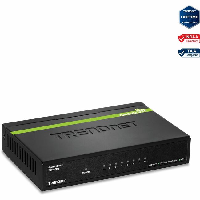 TRENDnet 8-Port Unmanaged Gigabit GREENnet Desktop Metal Switch, Fanless, 16Gbps Switching Capacity, Plug & Play, Network Ethernet Switch, Lifetime Protection, Black, TEG-S80G