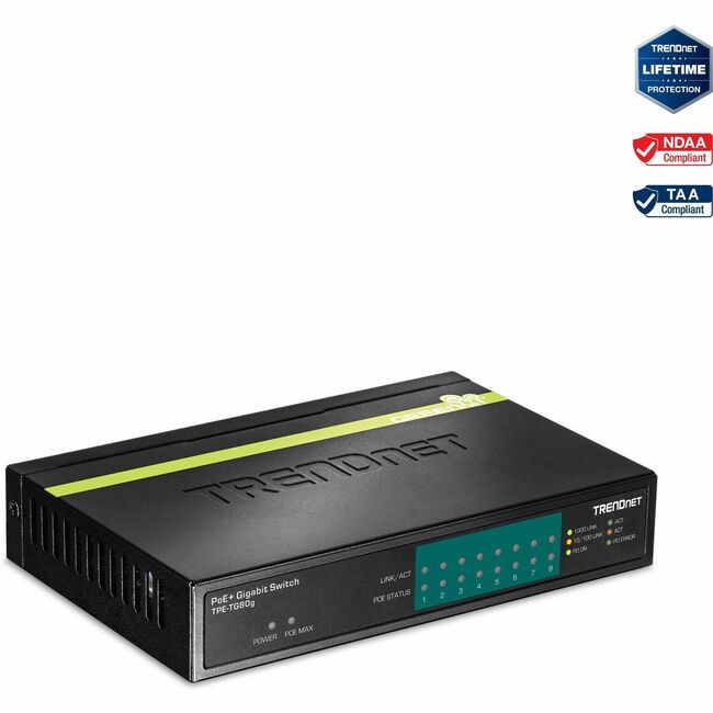 TRENDnet 8-Port Gigabit PoE+ Switch, 8 x Gigabit PoE+ Ports, 123W PoE Power Budget, 16 Gbps Switching Capacity, Desktop Switch, Ethernet Network Switch, Metal, Lifetime Protection, Black, TPE-TG80G