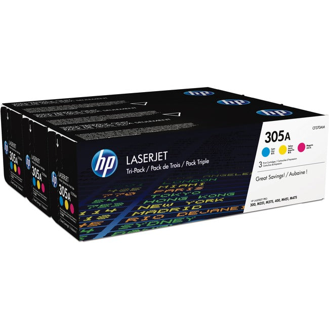 Cartouche de toner laser d'origine HP 305A CYM (CF370AM) - Pack de trois - Cyan, Magenta, Jaune - 3 / Carton