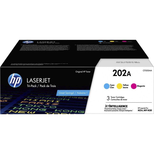 Cartouche de toner laser d'origine HP 202A (CF500AM) - Cyan, Magenta, Jaune - 3 / Carton