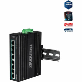 TRENDnet 8-Port Hardened Industrial Unmanaged Gigabit 10/100/1000Mbps DIN-Rail Switch w/ 8 x Gigabit PoE+ Ports; TI-PG80B; 24  56V DC Power inputs with Overload Protection