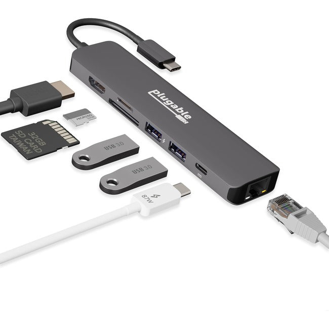 Adaptateur multiport USB C Hub 7 en 1 Plugable avec Ethernet transforme un seul port en un hub USB-C 7 en 1