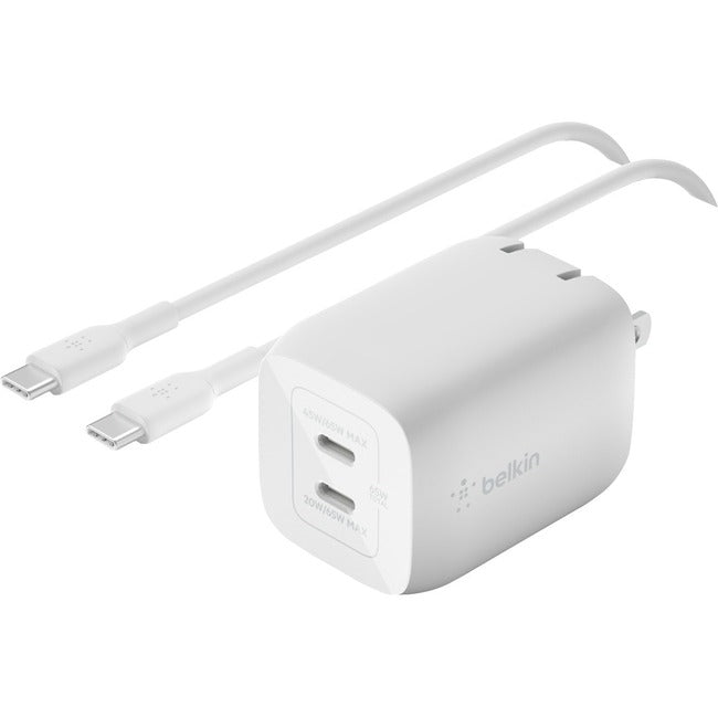 BELKIN 65W DUAL USB-C GAN WALL CHGR, W/PVC 5A, C-C, 2M WH
