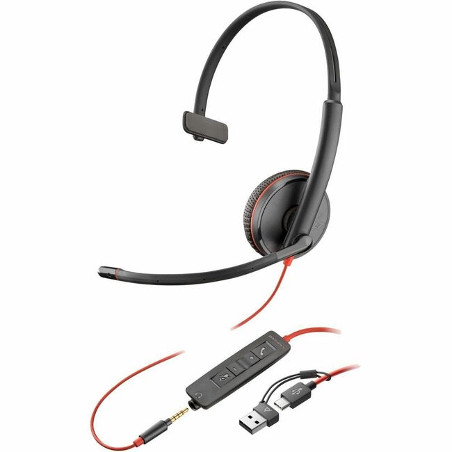 Casque USB-C monaural Poly Blackwire 3215 + prise 3,5 mm + adaptateur USB-C/A (en vrac)