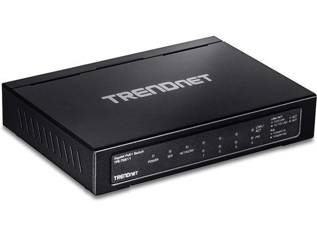 TRENDnet 6-port Gigabit Poe+ Switch; TPE-TG611; 4 X Gigabit Poe+ Ports; 1 X Gigabit Port; 1 X SFP Slot; Supports 100/1000Base-FX Fiber SFP Modules; Ethernet Desktop Network Switch; Lifetime Protection