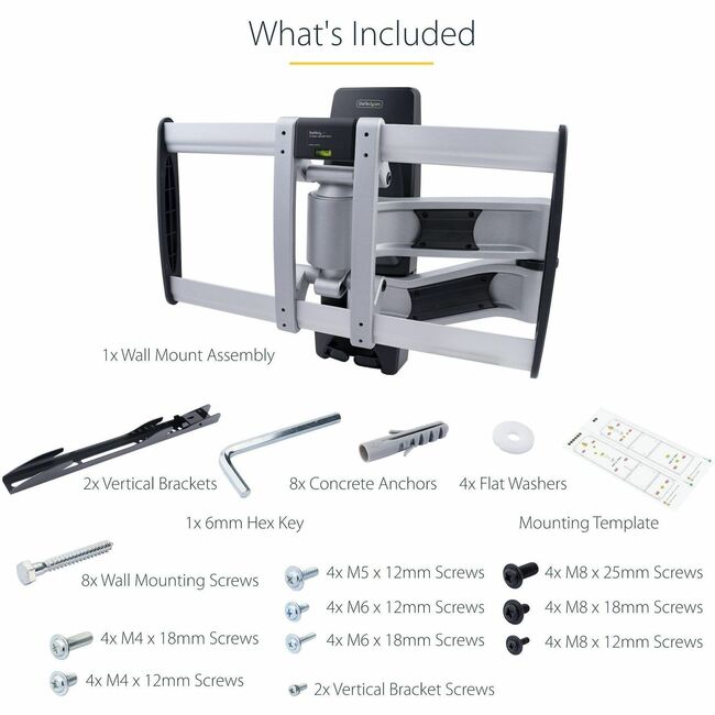 StarTech.com Support mural articulé pour téléviseur, support mural VESA pour téléviseurs 65 pouces/99 lb/incurvés, support mural à profil bas réglable en angle